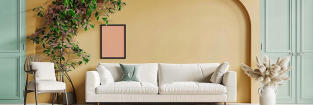 居心地の良いソファと芸術的な壁のフレームを備えたモダンなリビングルーム暖かく招待的な家庭環境を作り出します