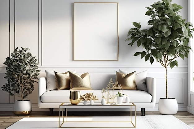 A modern living room with a design sofa a magnificent gold coffee table faux poster frames