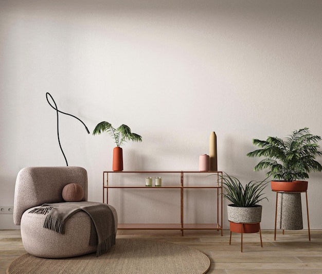 사진 디자이너 가구 와 활기찬 실내 식물 이 있는 현대적 인 거실