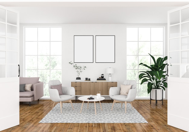 Photo modern living room with empty double frames, artwork display