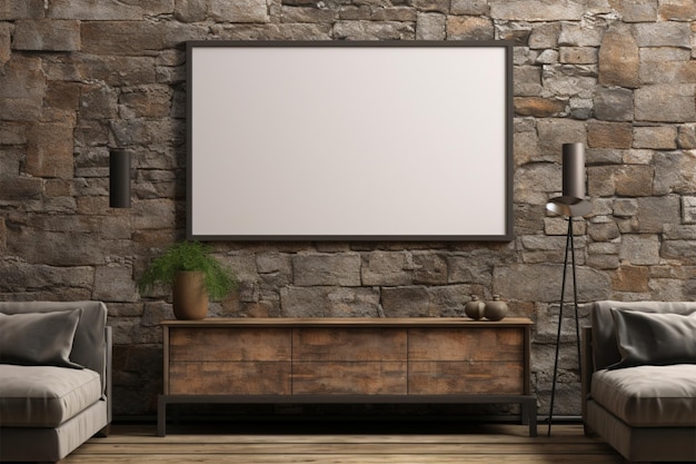 Modern living room with an empty picture frame on stone wall