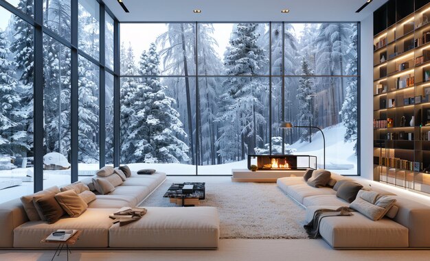 Modern living room with fireplace and bookcase by the winter forest