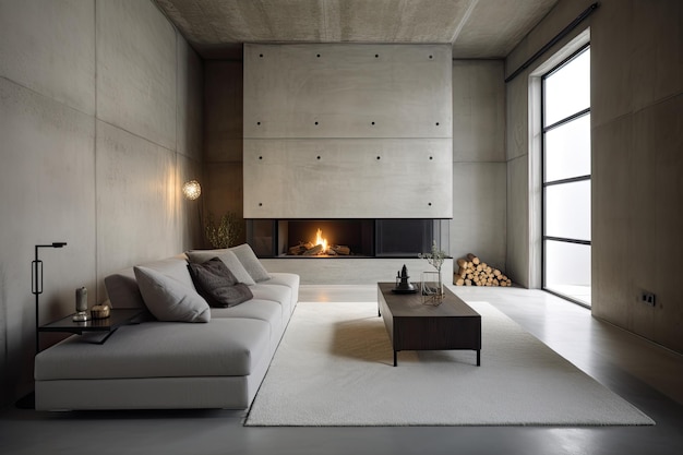 Modern living room with fireplace and concrete walls