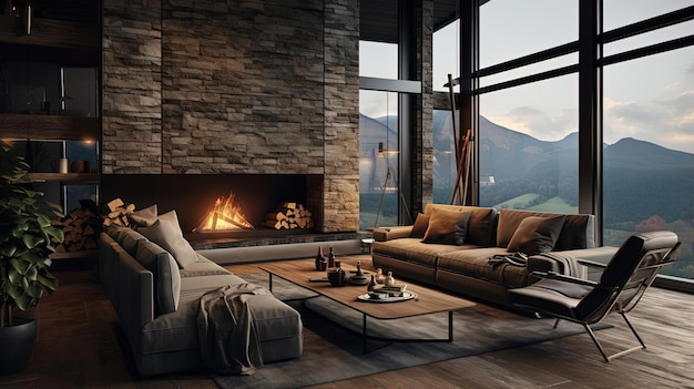 modern living room with a fireplace in the style of industrial materials