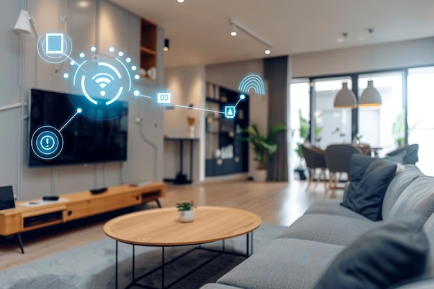 a modern living room with a flat screen tv couch coffee table and a wireless network connecting smart devices a network of interconnected devices communicating wirelessly in a smart home