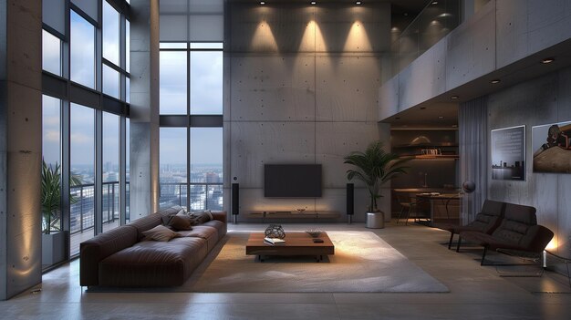 家具 と 大きな 窓 を 備え た 現代 的 な リビング