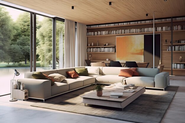 Photo modern living room with good natural light and low furniture