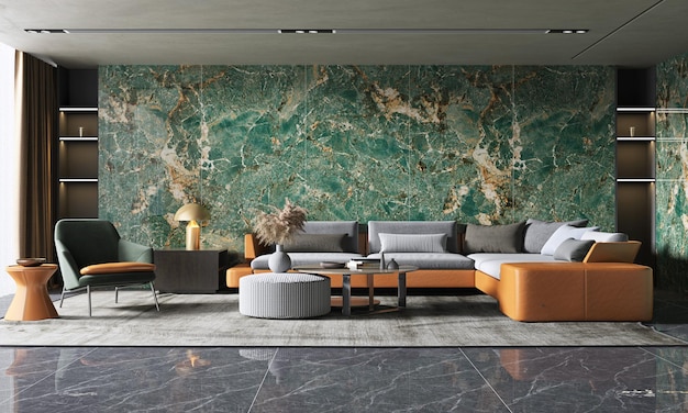 modern living room with green onyx wall