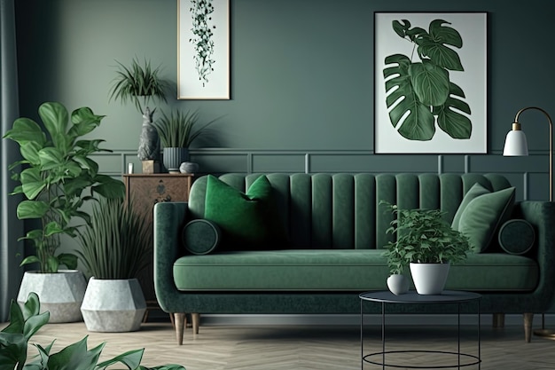 Modern living room with green sofa interior design Generative ai
