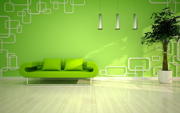 緑のソファ付きのモダンなリビングルーム