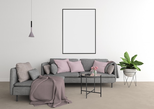 Modern living room with grey sofa andvertical frame 