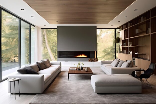 Modern living room with high ceilings and good natural light white couches