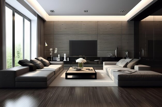 Modern living room with high ceilings proffesionally designed