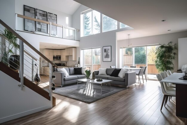 Modern living room with high ceilings and white walls and wall windows