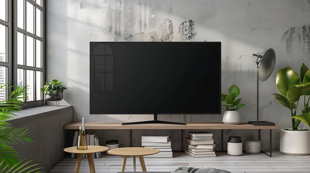 A modern living room with a large blank TV screen on a wooden console There is a gray wall with a large window and plants in the background