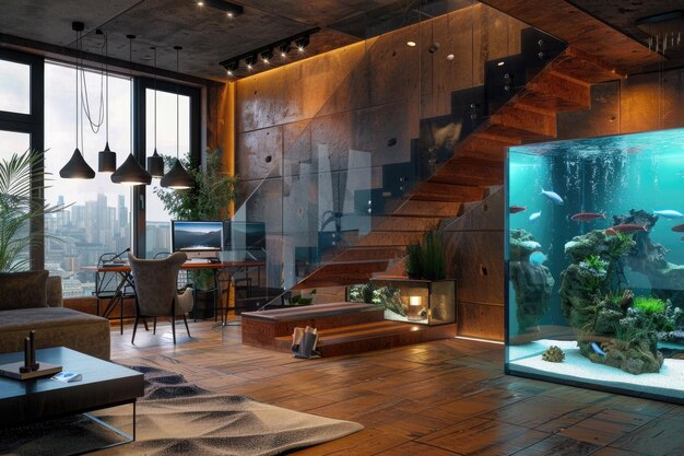 Modern living room with large builtin aquarium