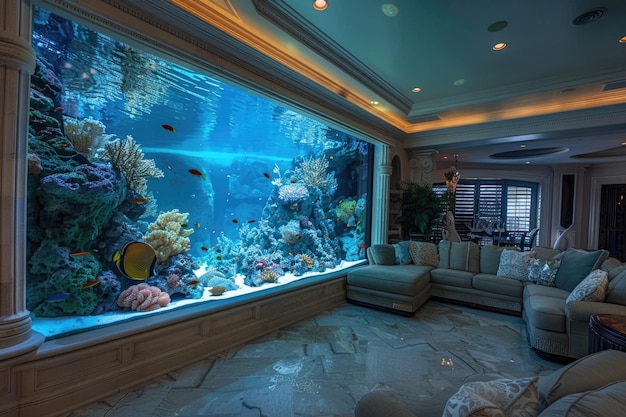 Modern living room with large fish tank aquarium coral and fish