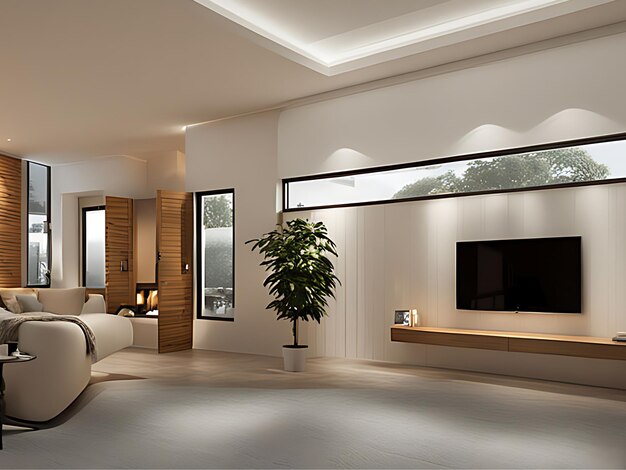 A modern living room with a large flat screen TV mounted on the wall interior design