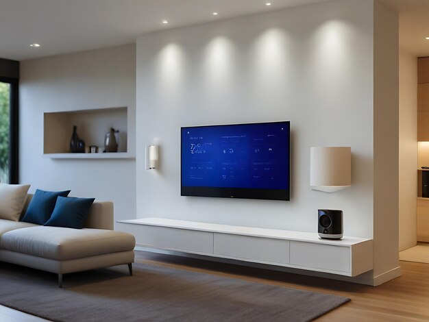 A modern living room with a large flat screen TV mounted on the wall interior design