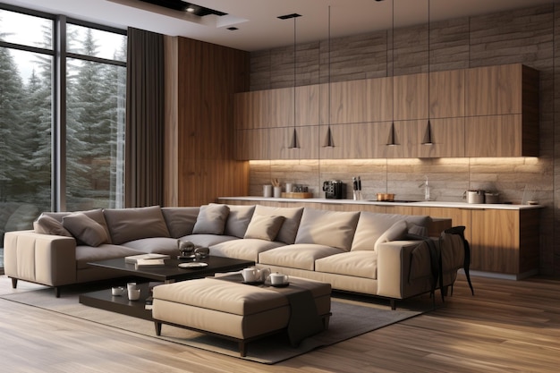 A modern living room with a large sectional couch and a kitchen ai