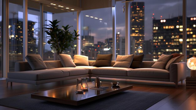 A modern living room with a large sectional sofa coffee table and rug