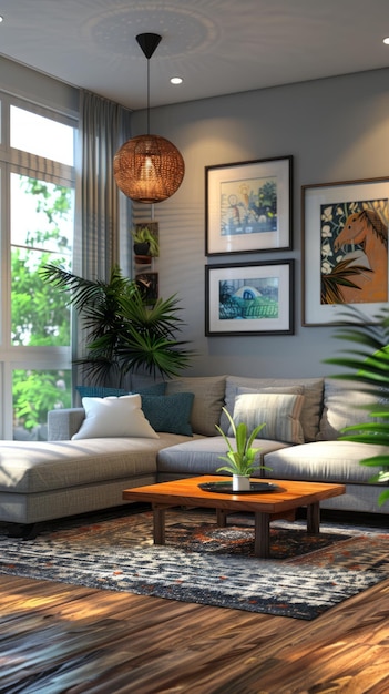 A modern living room with a large sofa coffee table rug and plants