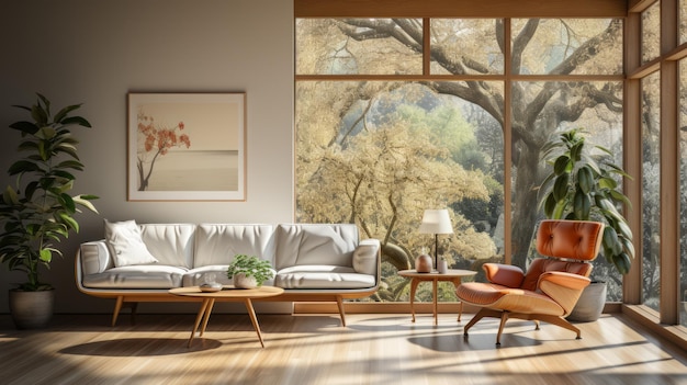 A modern living room with a large window looking out onto a forest