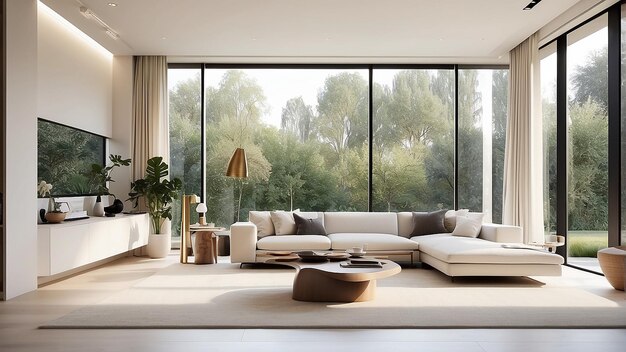 A modern living room with a large window looking out onto a mountain landscape