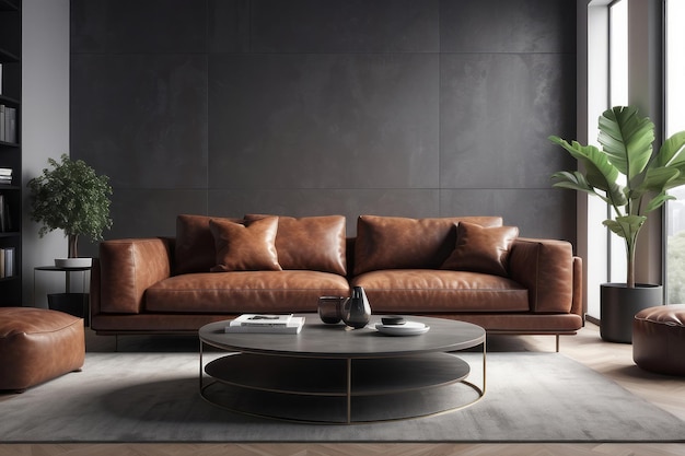 modern living room with leather couch