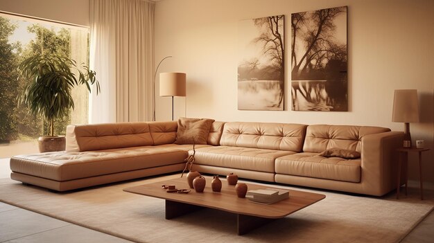 Photo modern living room with leather sofa and decoration in warm beige background luxury living room