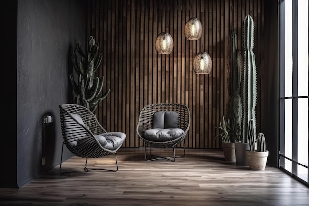 Modern living room with minimalist decor and a potted cactus as a focal point Generative AI