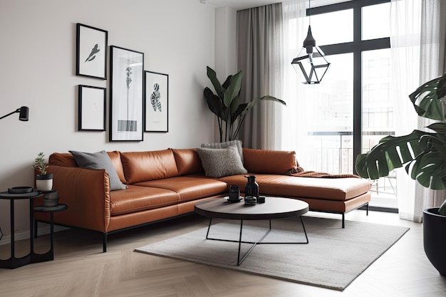 Modern living room with minimalist scandinavian style and leather sofa