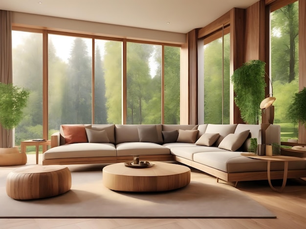 Modern living room with nature view 3d rendering Image There are decorated room with wood