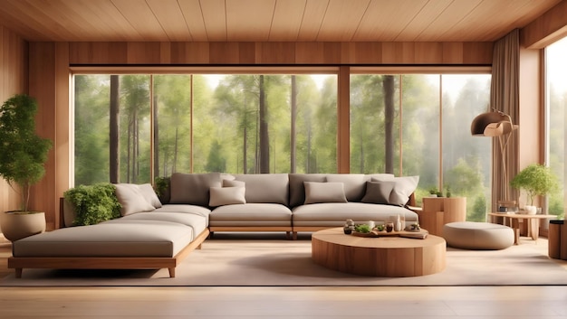 Modern living room with nature view 3d rendering image there are decorated room with wood