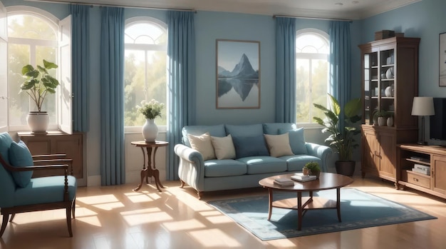 A modern living room with nature view in blue tone