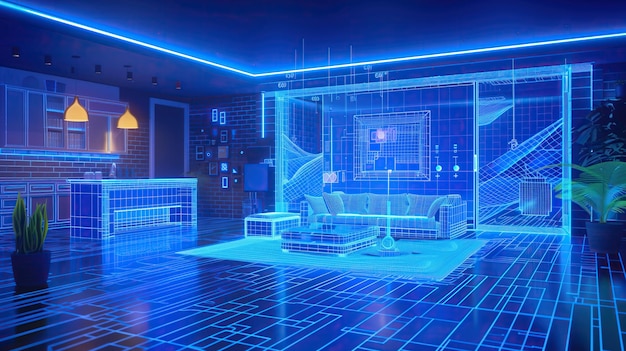 Modern Living Room With Neon Lights holographic wireframe digital visualization