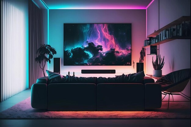 Modern living room with neon lights and television Generative ai design