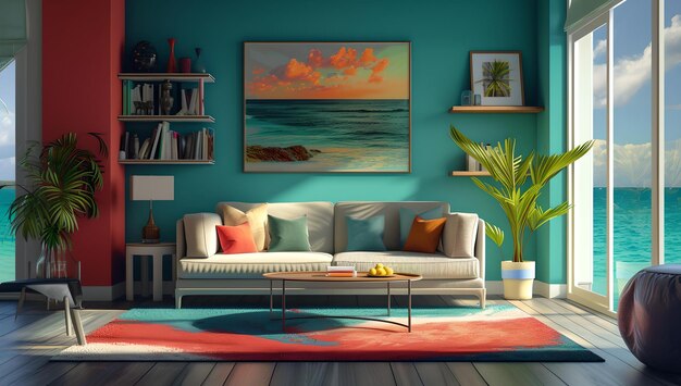 Modern living room with ocean view vibrant colors perfect for interior design themes cozy and stylish space AI