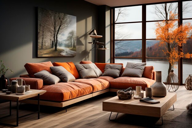 Modern living room with orange sofa and black coffeegenerative ai