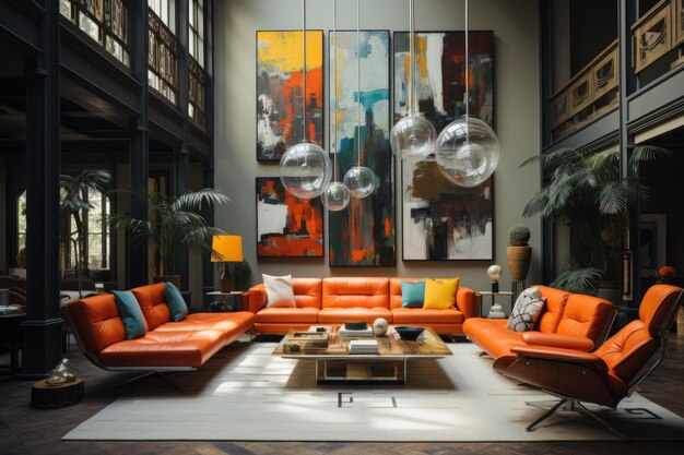 Modern living room with orange sofa