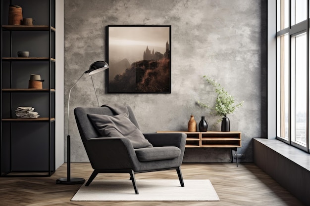 A modern living room with a picture frame and a picture of a city on the wall