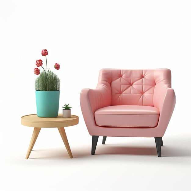 사진 색 배경에 분홍색 의자와 꽃병의 꽃이 있는 현대적인 거실