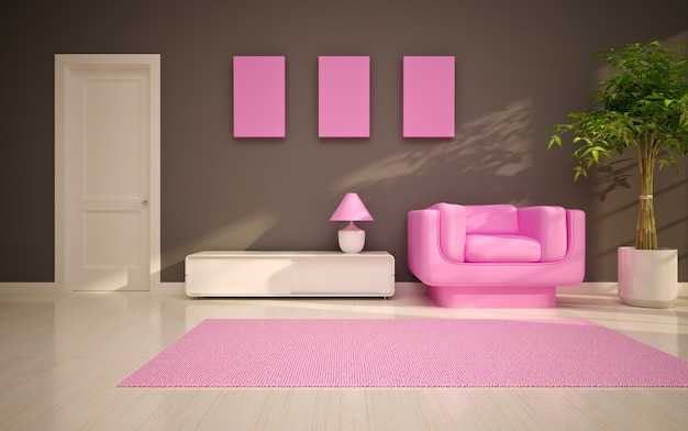 Modern living room with pink chair