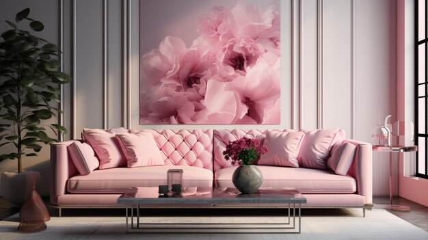 Modern living room with pink monochrome design closeup of luxury couch elegant decor