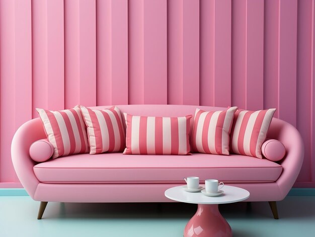 Modern living room with pink sofa against a colorful wall