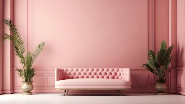 modern living room with pink sofa and pink wall with indoor plant