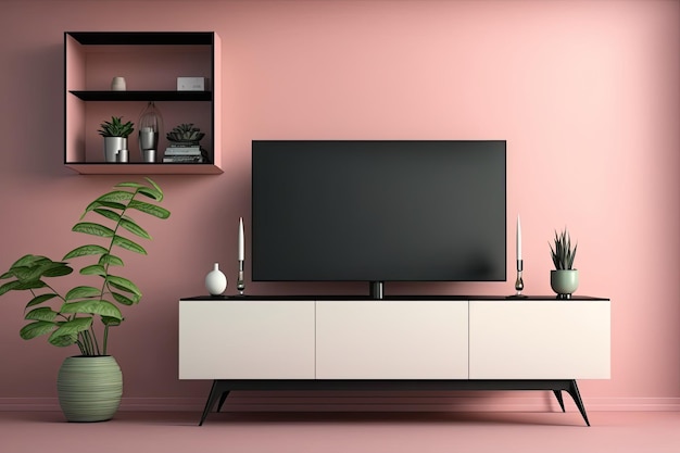 Modern living room with pink wall and smart TV on cabinet