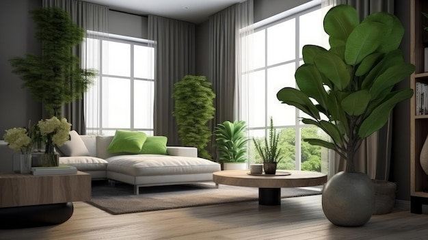 Modern living room with plants Illustration AI GenerativexA