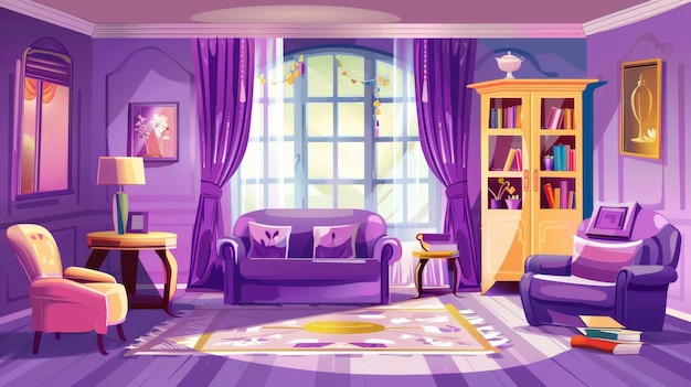 A modern living room with purple furniture curtains and a panorama window A modern cartoon illustration of a lounge interior with a sofa chair cabinet books on the table and an open window