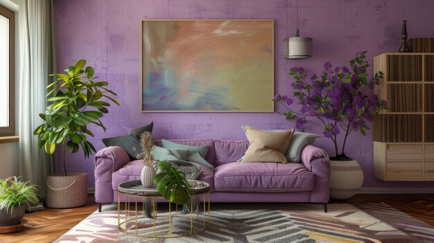 Modern living room with purple sofa and abstract wall art